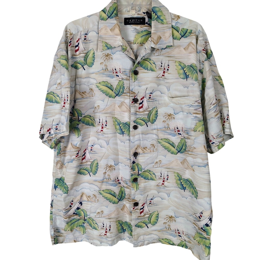Cactus Black Label Mens Large Tropical Sailboat Palm‎ Tree Button Down Shirt L